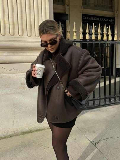 SHEIN BRĄZOWY SZTUCZNY KOŻUCH W01__L