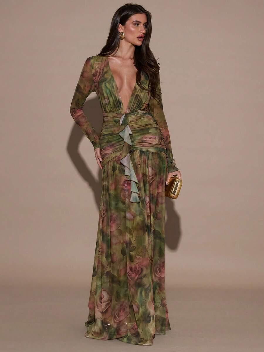 SHEIN MAXI SUKIENKA DŁUGI RĘKAW GŁĘBOKI DEKOLT S06__S