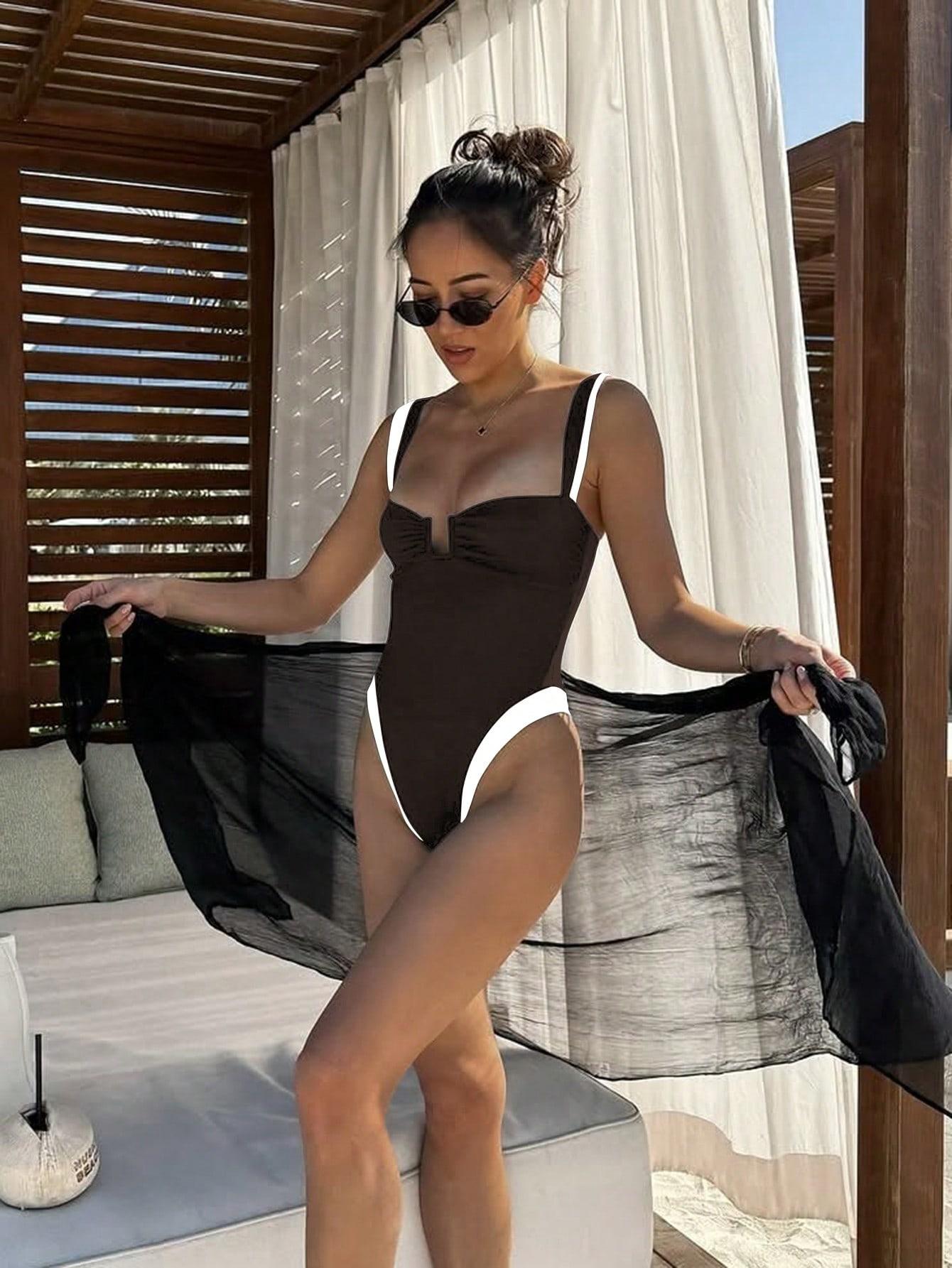 SHEIN BRĄZOWY JEDNOCZĘŚCIOWY STRÓJ KĄPIELOWY S09__S