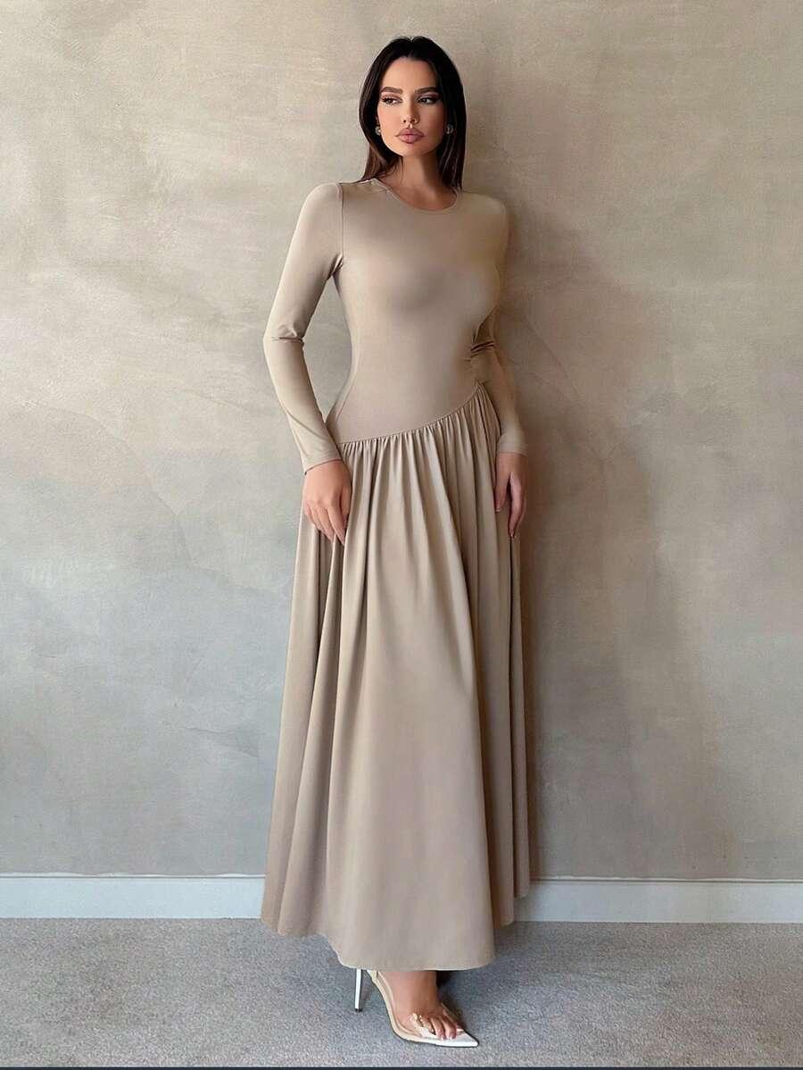 SHEIN BEŻOWA MAXI SUKIENKA S09__S