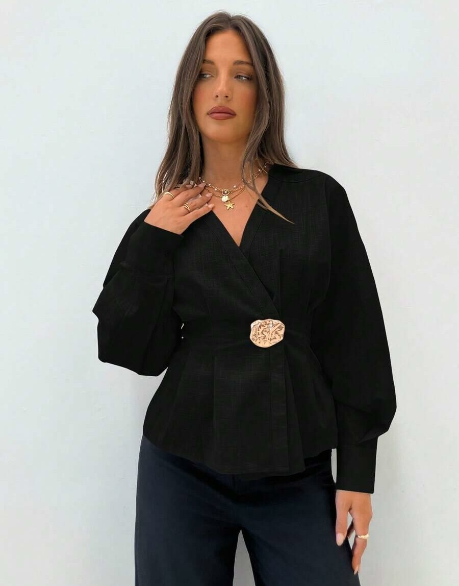 SHEIN CZARNA BLUZKA DŁUGI RĘKAW ZDOBINIE S06__M
