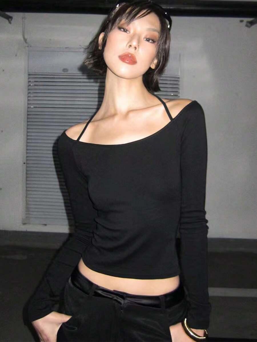 SHEIN CZARNA BLUZKA Z DŁUGIM RĘKAWEM S06__M