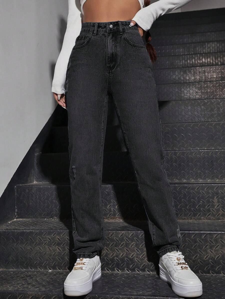 SHEIN JEANSOWE SPODNIE WYSOKI STAN PRZETARCIA PK01__M