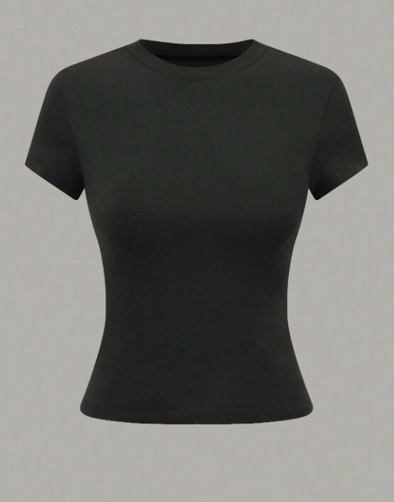 SHEIN KLASYCZNY GŁADKI TOP KRÓTKI RĘKAW BASIC OKRĄGŁY DEKOLT PK01__S