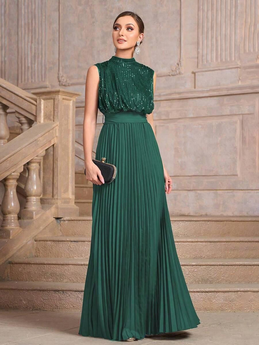 SHEIN ZIELONA MAXI SUKIENKA PLISY CEKINY WIĄZANIE ODKRYTE PLECY S06__S
