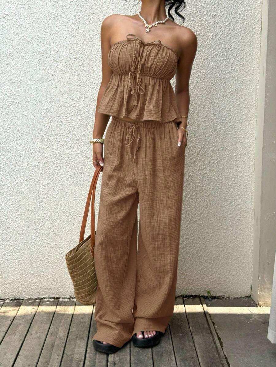 SHEIN BRĄZOWY TOP SPODNIE KOMPLET S06__S