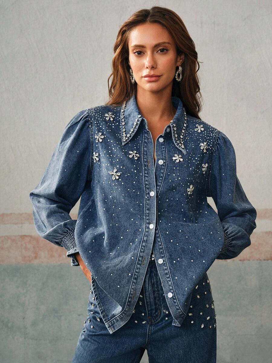 SHEIN NIEBIESKA JEANSOWA KOSZULA ZDOBIENIE S06__L
