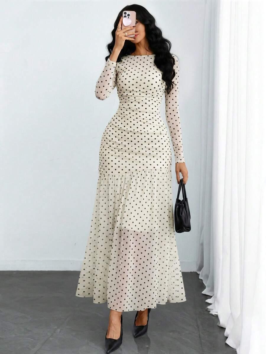 SHEIN MAXI SUKIENKA DŁUGI RĘKAW WZÓR GROSZKI PK01__S