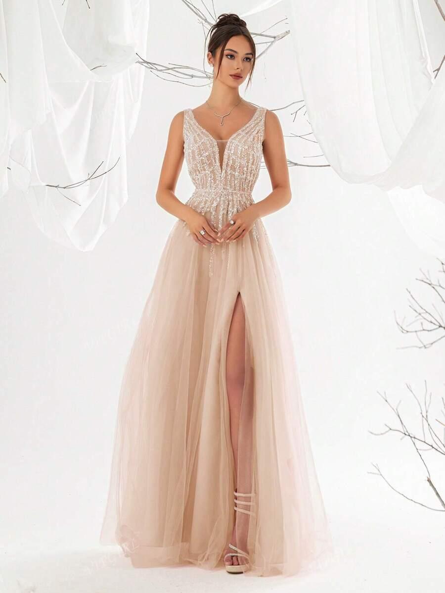 SHEIN BEŻOWA MAXI SUKIENKA S06__XL