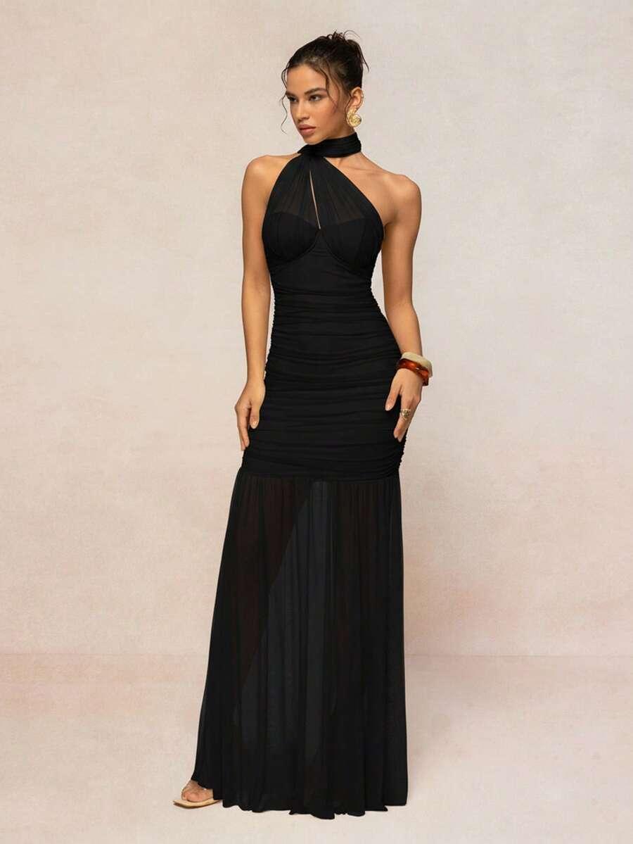SHEIN CZARNA MAXI SUKIENKA SIATECZKA S06__S