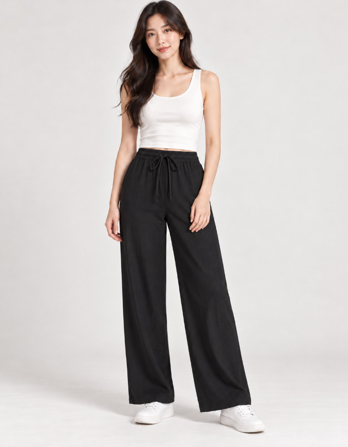 SHEIN CASUALOWE CZARNE SPODNIE Z WYSOKIM STANEM WIĄZANIE PK01__S