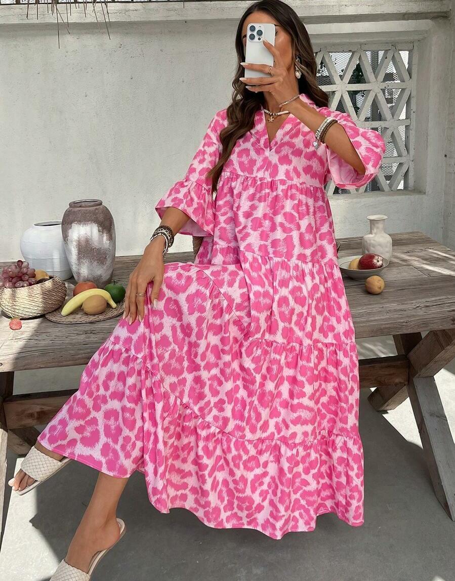 SHEIN RÓŻOWA MAXI SUKIENKA ANIMAL PRINT S06__L