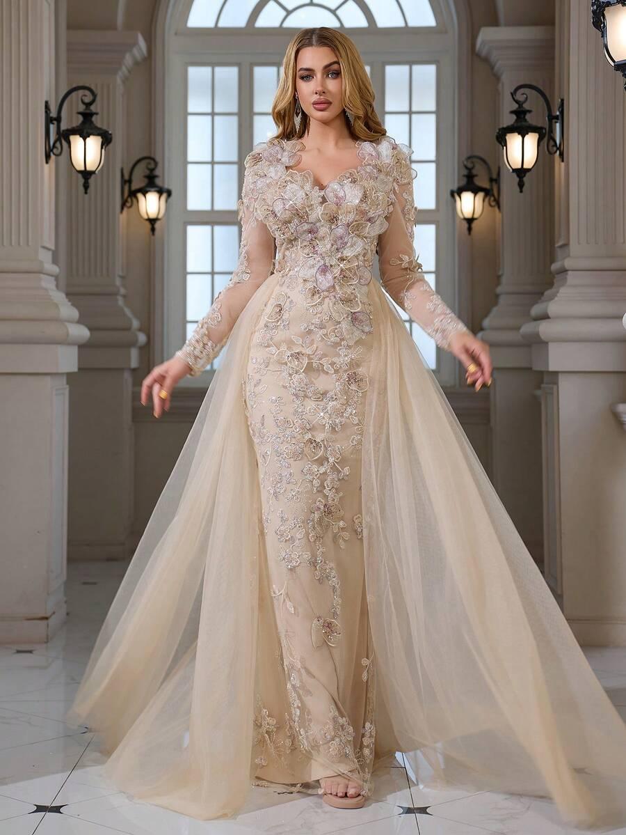 SHEIN BEŻOWA MAXI SUKIENKA TIUL ZDOBIENIE S06__M