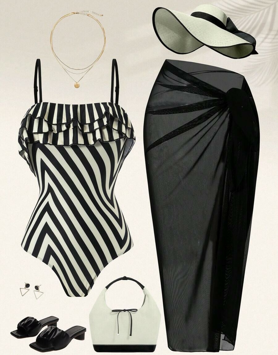 SWIM OASIS KOMPLET JEDNOCZĘŚCIOWY STRÓJ KĄPIELOWY SARONG WZÓR PASKI S09__48
