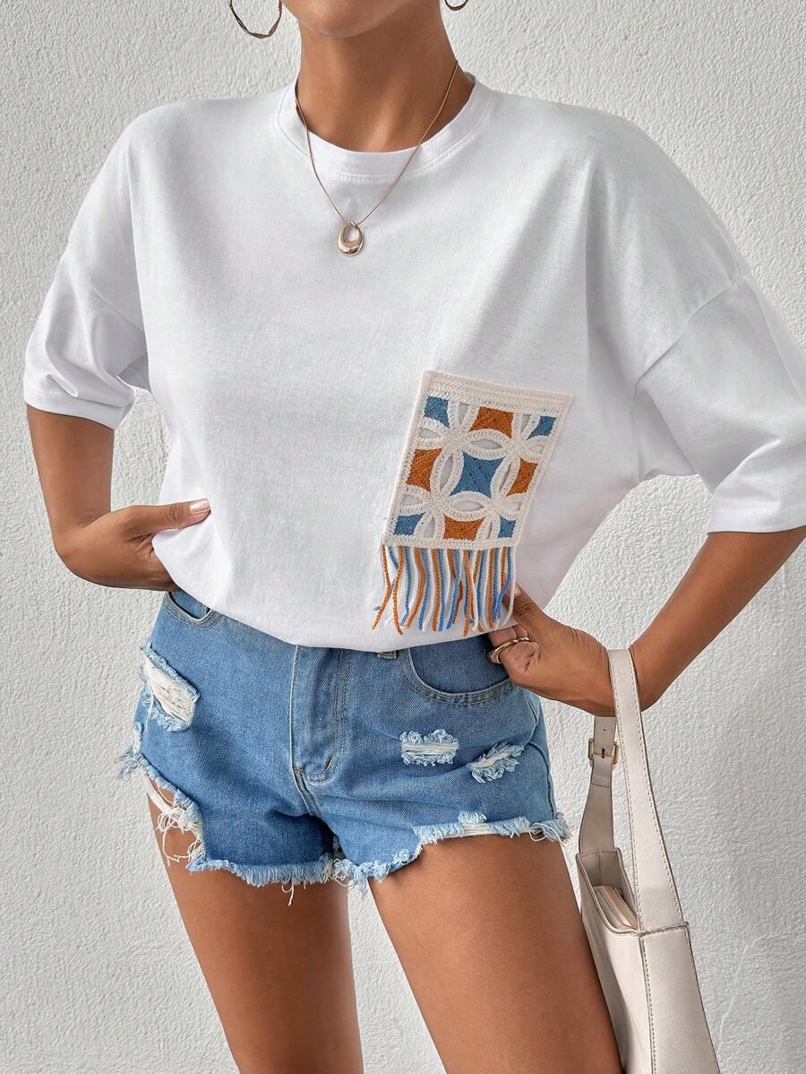 MOL LIFE BAWEŁNIANY BIAŁY T-SHIRT KIESZONKA HAFT FRĘDZLE PK01__L