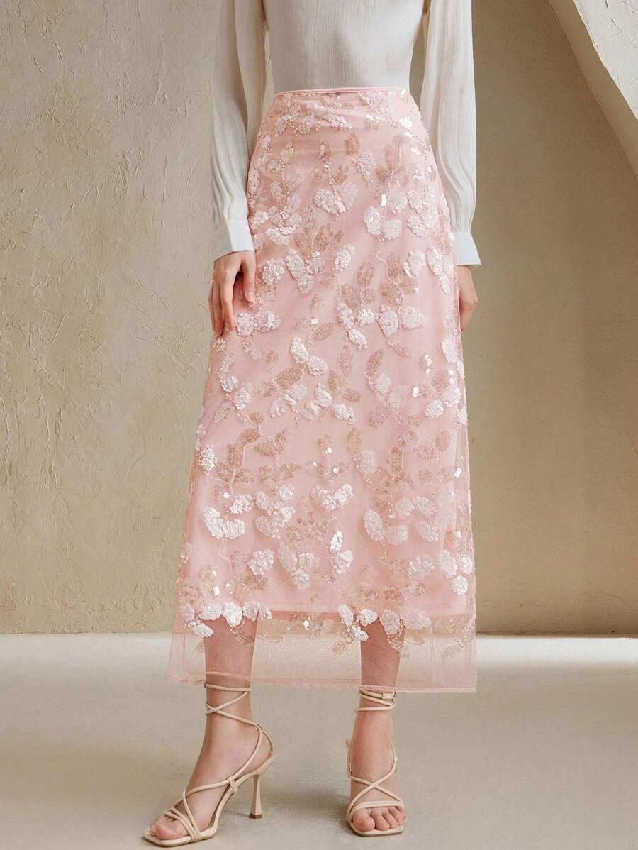 SHEIN RÓŻOWA MAXI SPÓDNICA ZDOBIENIA S06__S
