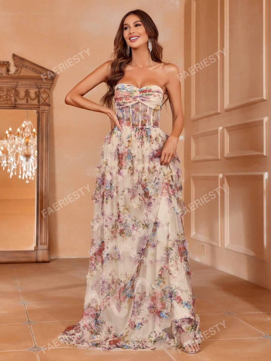 FAERIESTY GORSETOWA MAXI SUKIENKA TIUL SIATECZKA KWIATY WZÓR PK01__XS