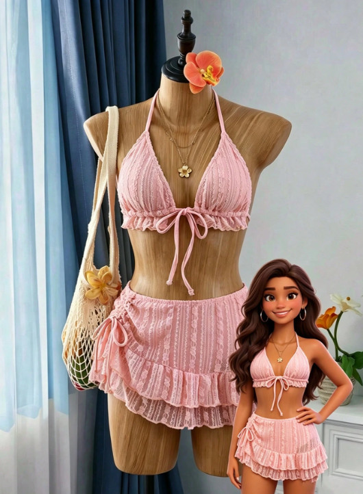 SHEIN DWUCZĘŚCIOWY RÓŻOWY STRÓJ KĄPIELOWY KORONKA S09__L
