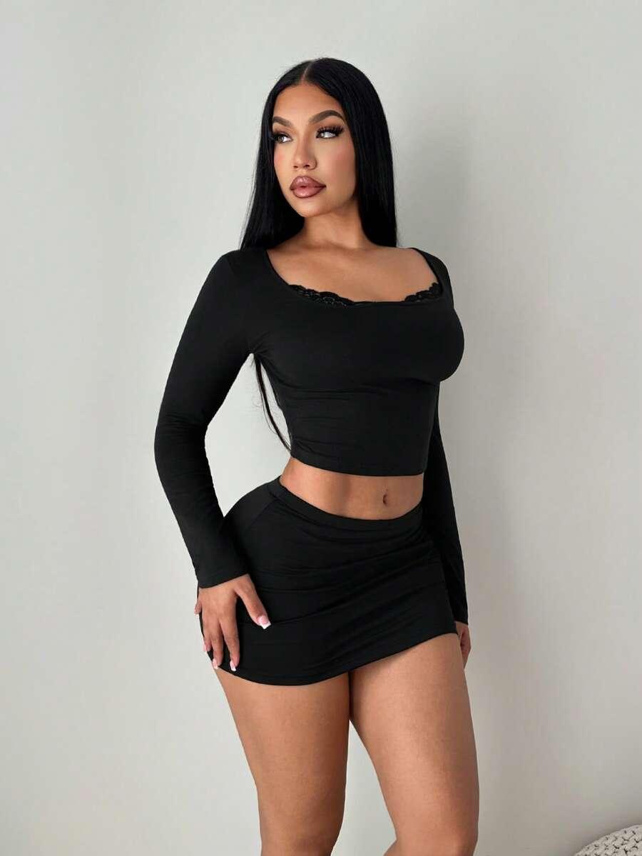 SHEIN CZARNY TOP DŁUGI RĘKAW S06__S