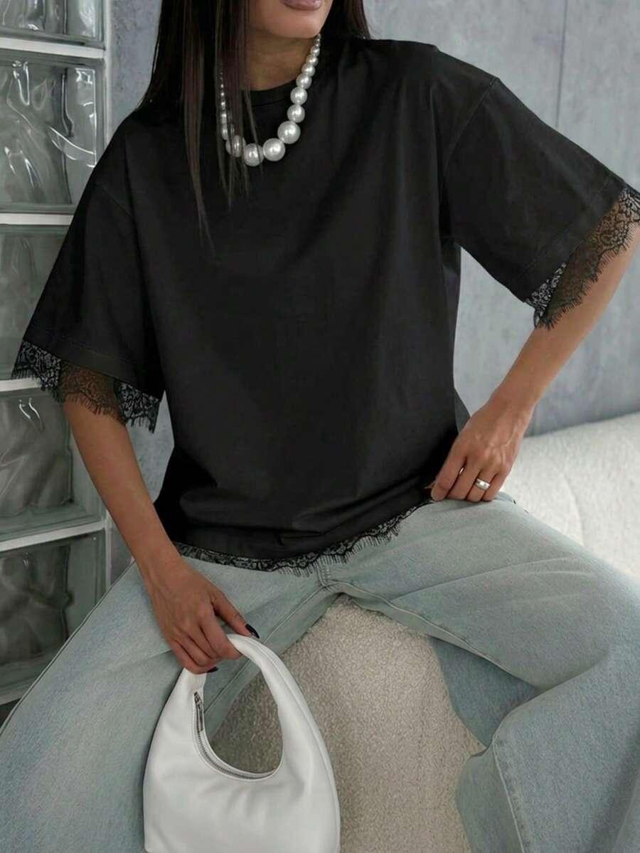 SHEIN CZARNY T-SHIRT KORONKA S06__S