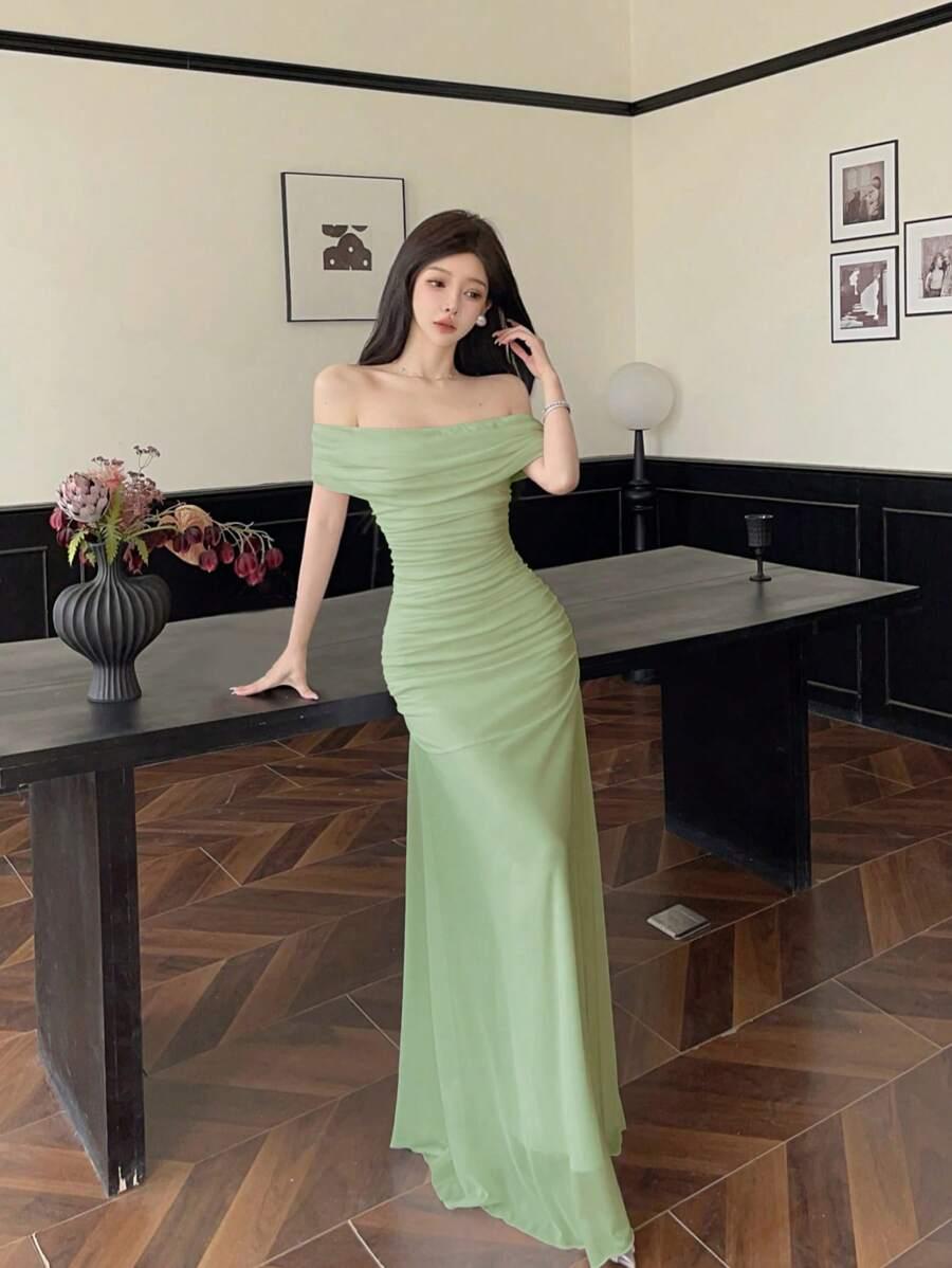 SHEIN ZIELONA MAXI SUKIENKA ODKRYTE RAMIONA S06__S
