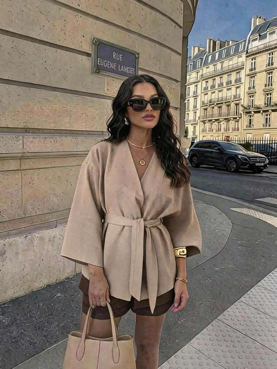 SHEIN BEŻOWY LNIANY PŁASZCZ S06__OS
