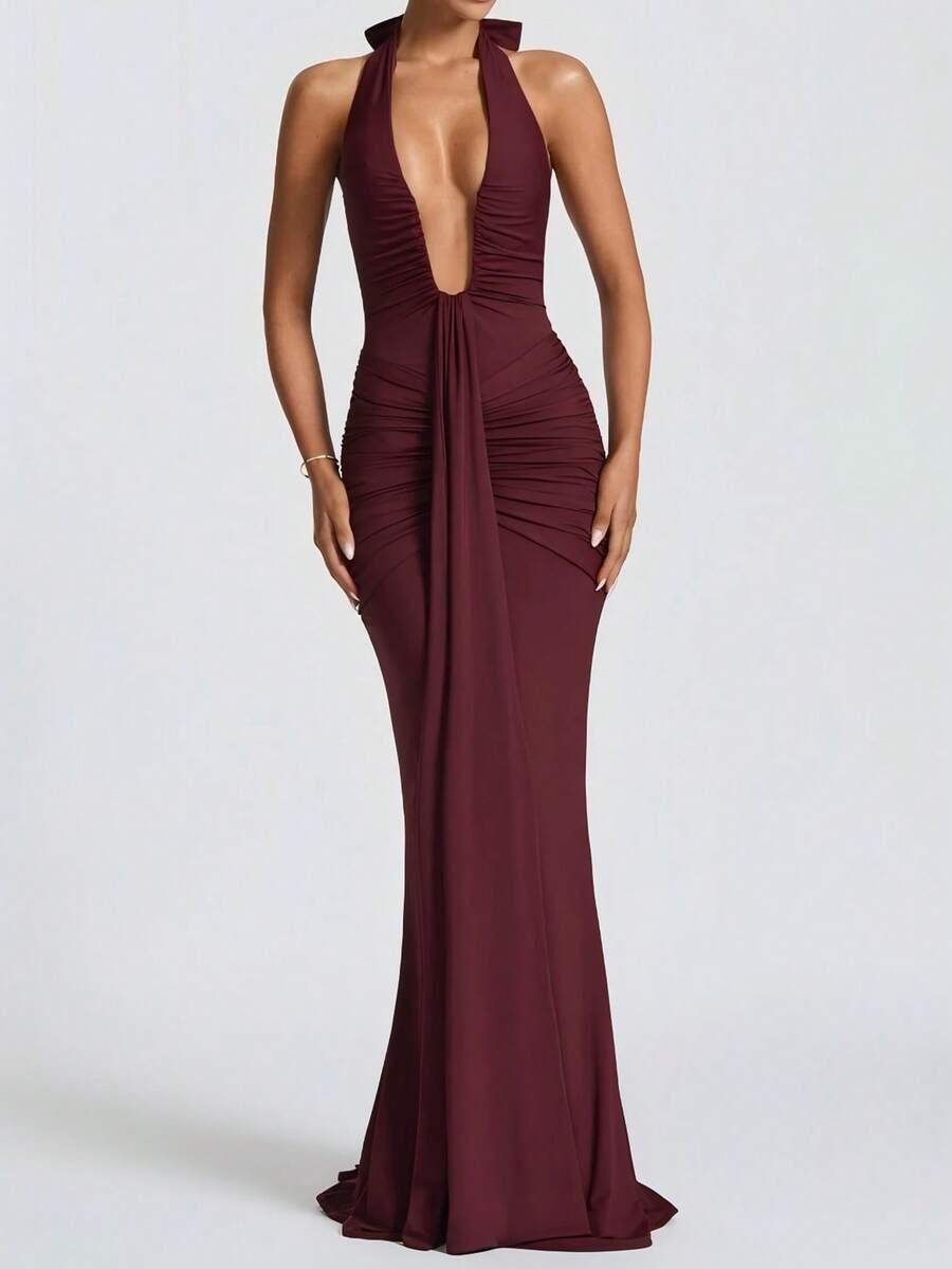 SHEIN BORDOWA MAXI SUKIENKA MARSZCZENIA ODKRYTE PLECY PK01__S