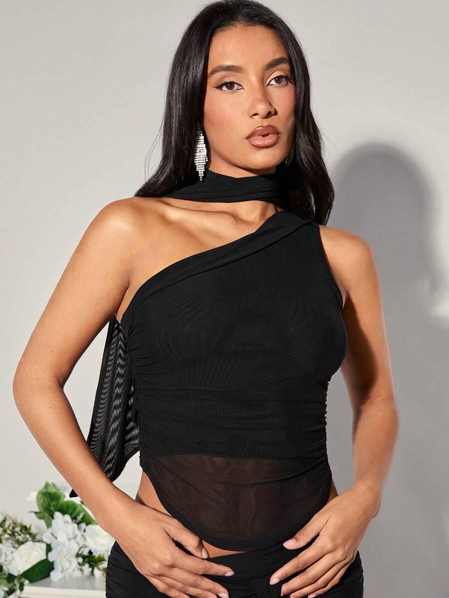 SHEIN CZARNY TOP NA JEDNO RAMIĘ