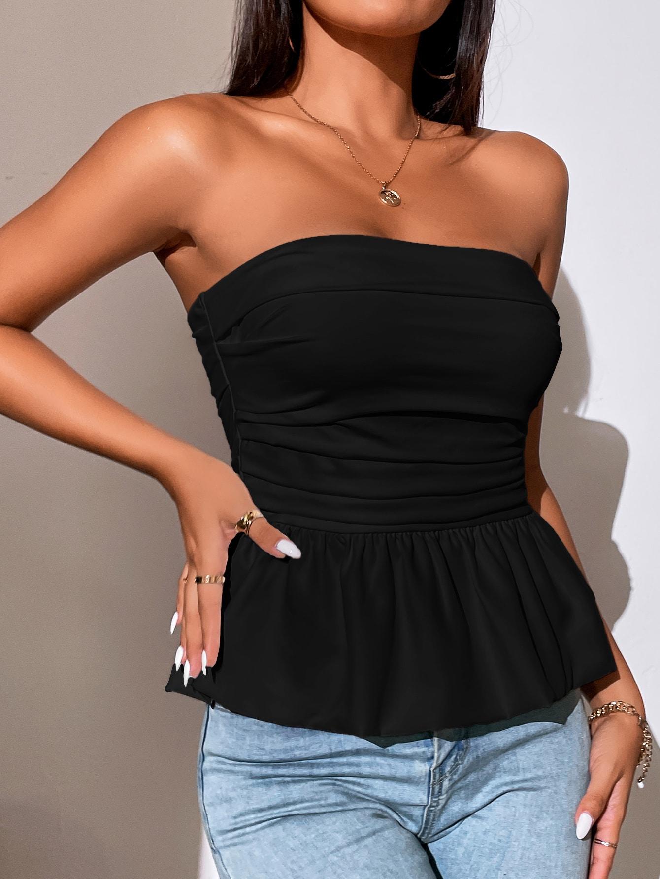 SHEIN KLASYCZNY CZARNY TOP FALBANA S06__L