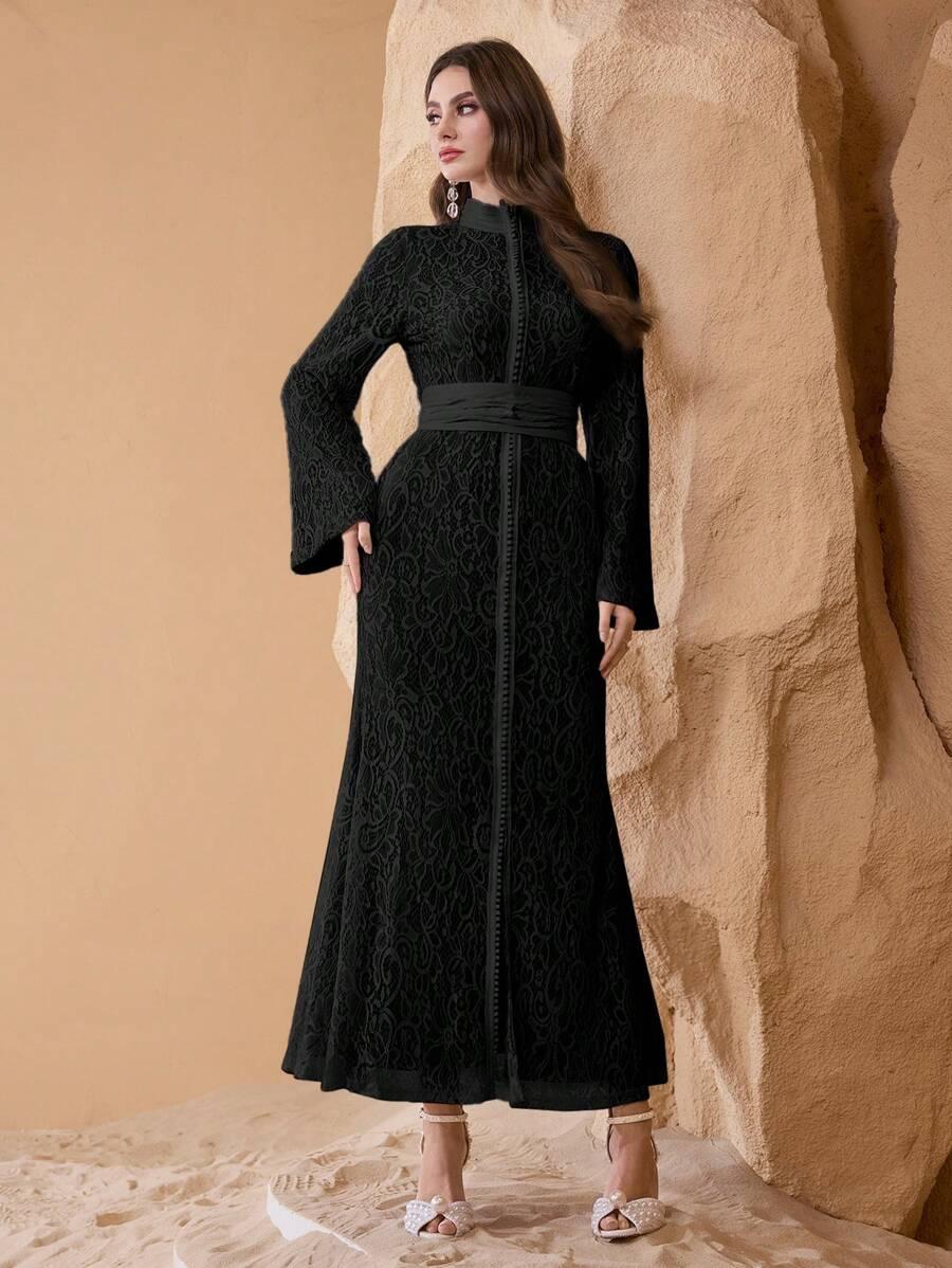 SHEIN CZARNA MAXI SUKIENKA KORONKA S06__L