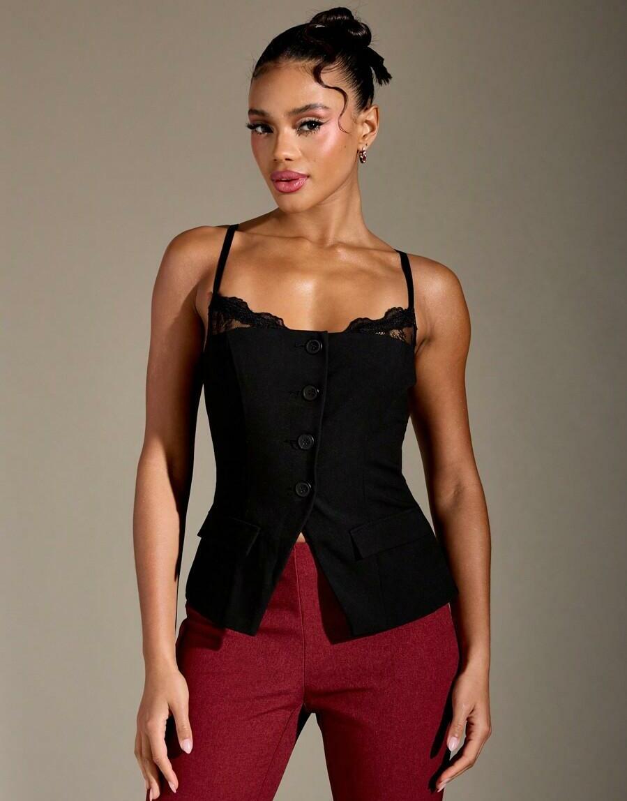MISSGUIDED CZARNY TOP NA RAMIĄCZKACH GUZIKI S06__S