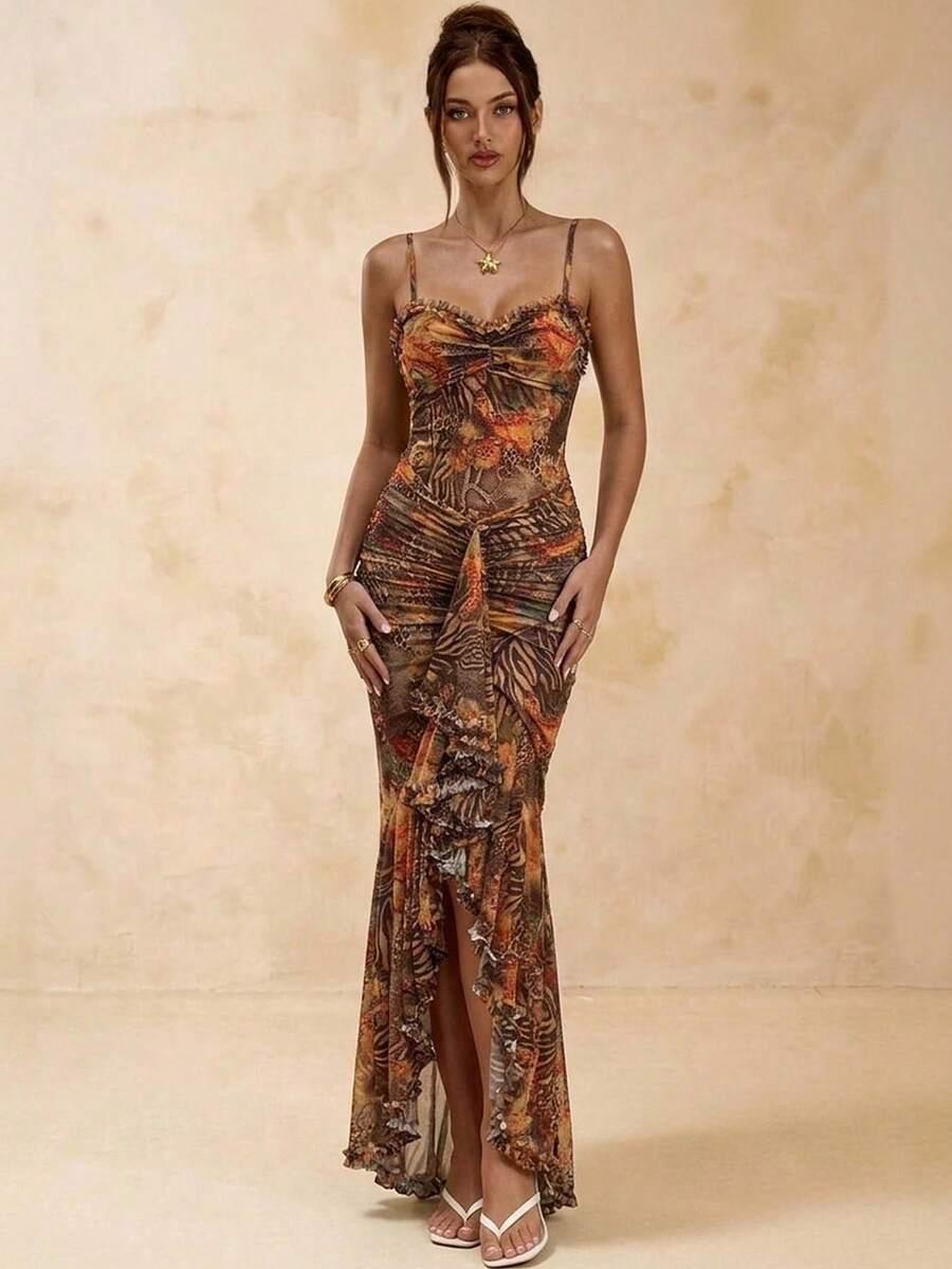 SHEIN MAXI SUKIENKA NA RAMIĄCZKACH WZÓR KWIATY S06__S
