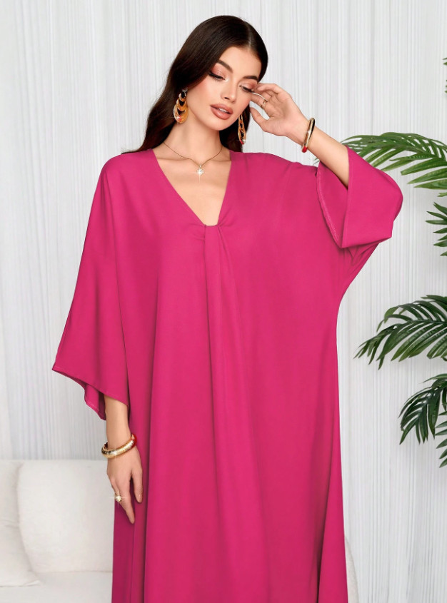 RÓŻOWA MAXI SUKIENKA V-NECK S09__OS