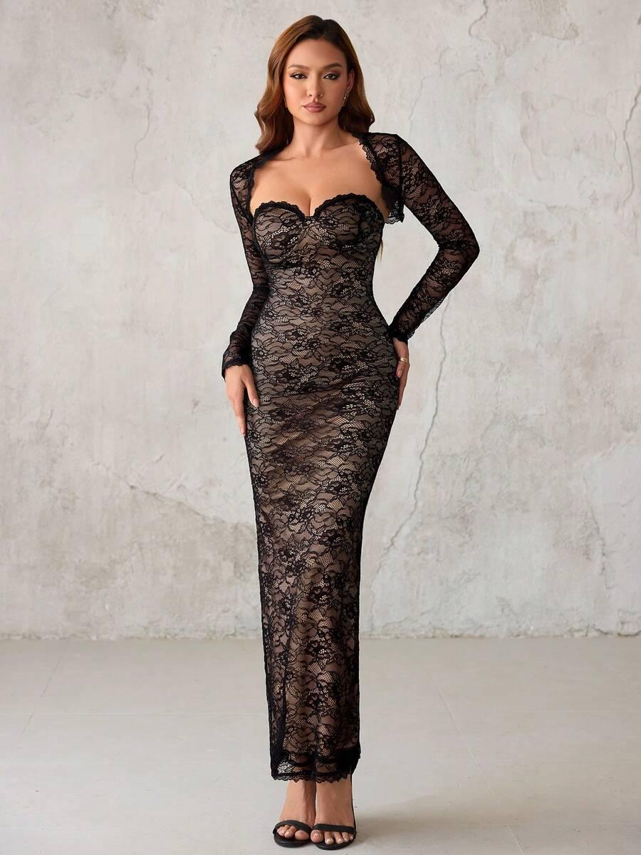 SHEIN CZARNA MAXI SUKIENKA KORONKA S06__S