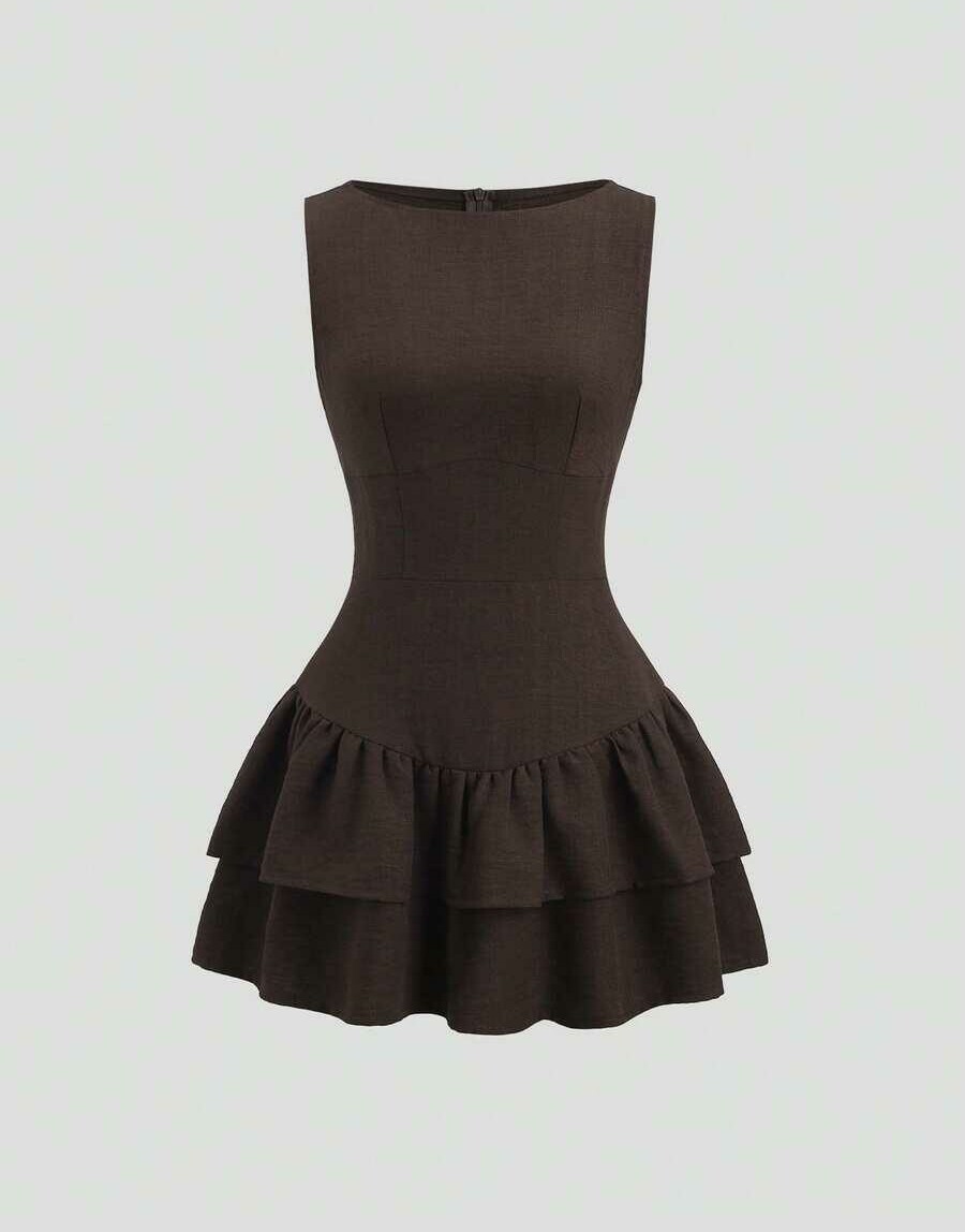 SHEIN BRĄZOWA MINI SUKIENKA BEZ RĘKAWÓW S06__S