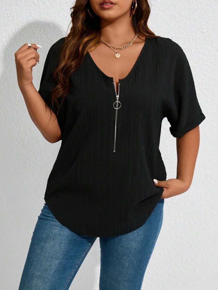 SHEIN CZARNA BLUZKA ZAMEK KRÓTKI RĘKAW S06__46