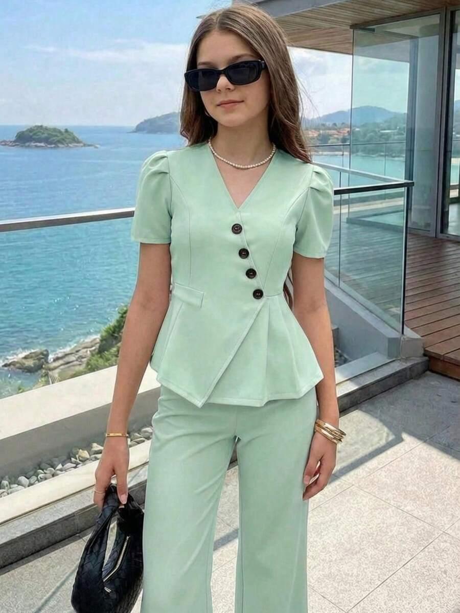 SHEIN ZIELONY KOMPLET BLUZKA SPODNIE S06__158/164