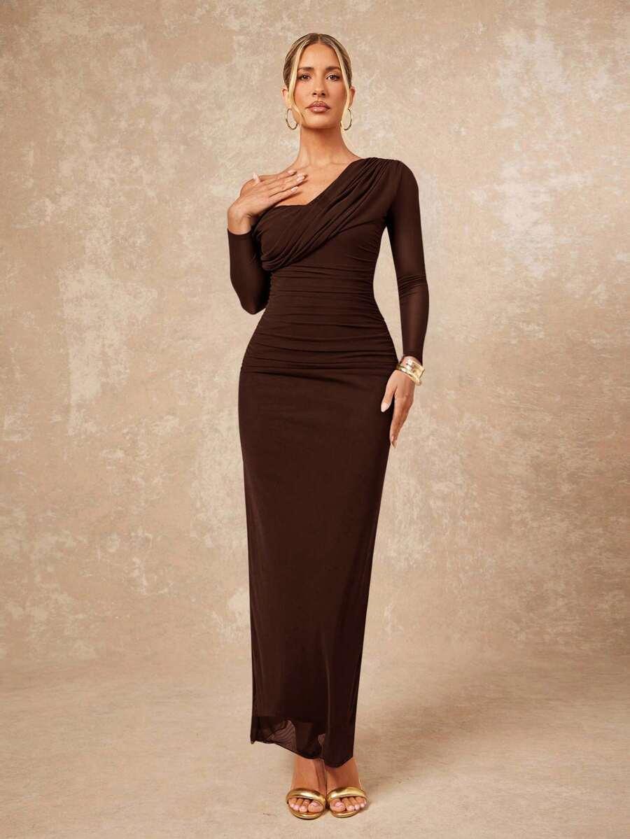 SHEIN BRĄZOWA MAXI SUKIENKA S06__S