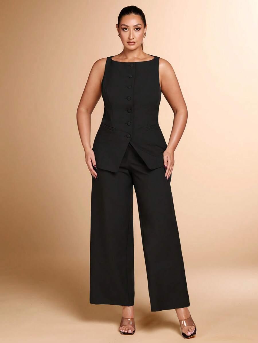 SHEIN CZARNY DWUCZĘŚCIOWY KOMPLET TOP SPODNIE S06__48