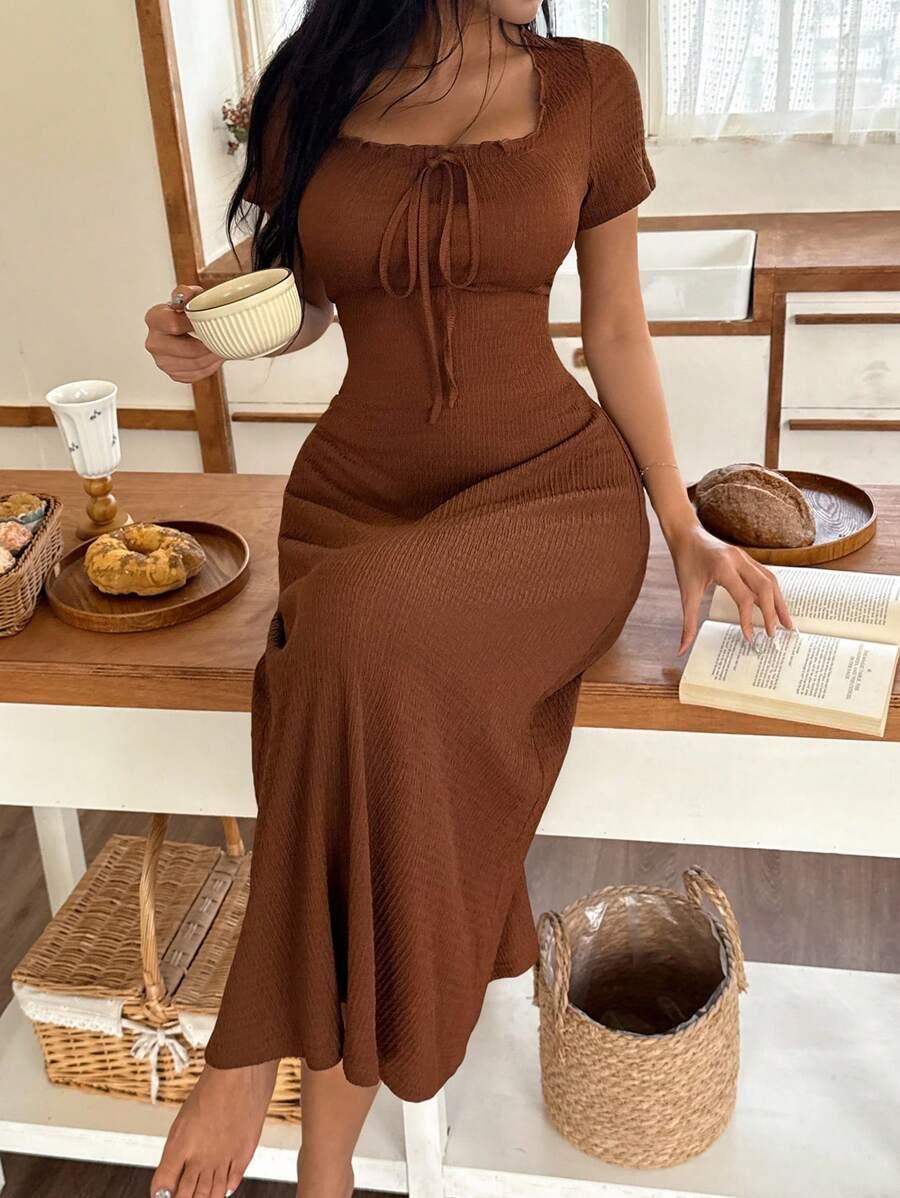 SHEIN BRĄZOWA SUKIENKA MAXI WIĄZANIE S06__S
