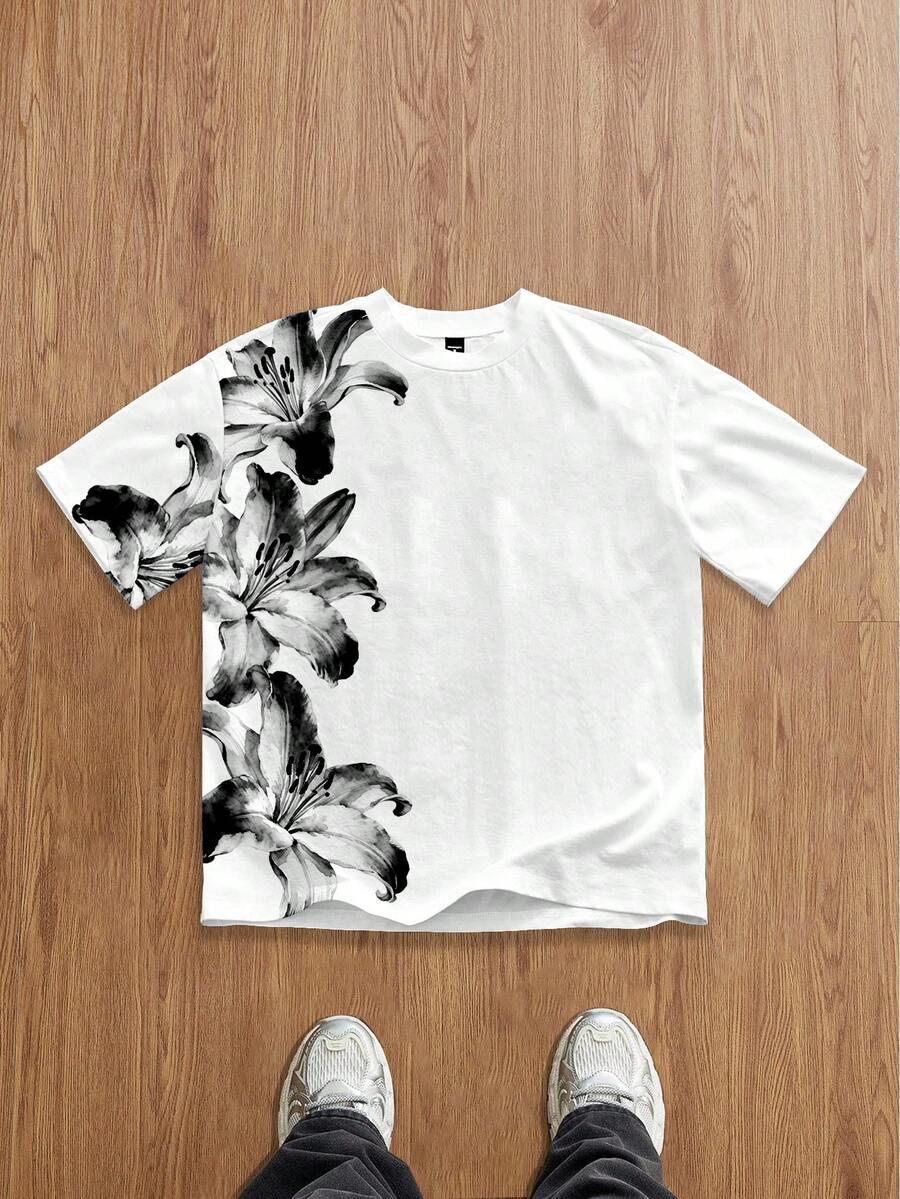 MANFINITY BIAŁY T-SHIRT NADRUK WZÓR KWIATY OKRĄGŁY DEKOLT PK01__S