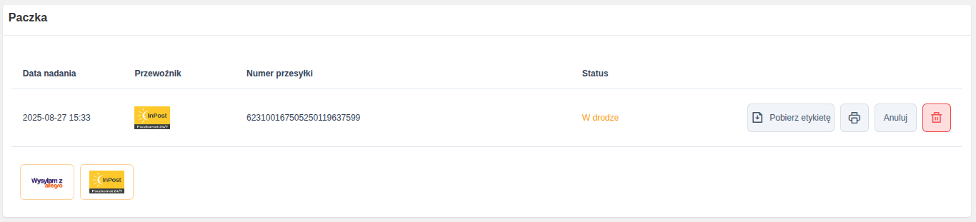 Widok przesyłki po wygenerowaniu