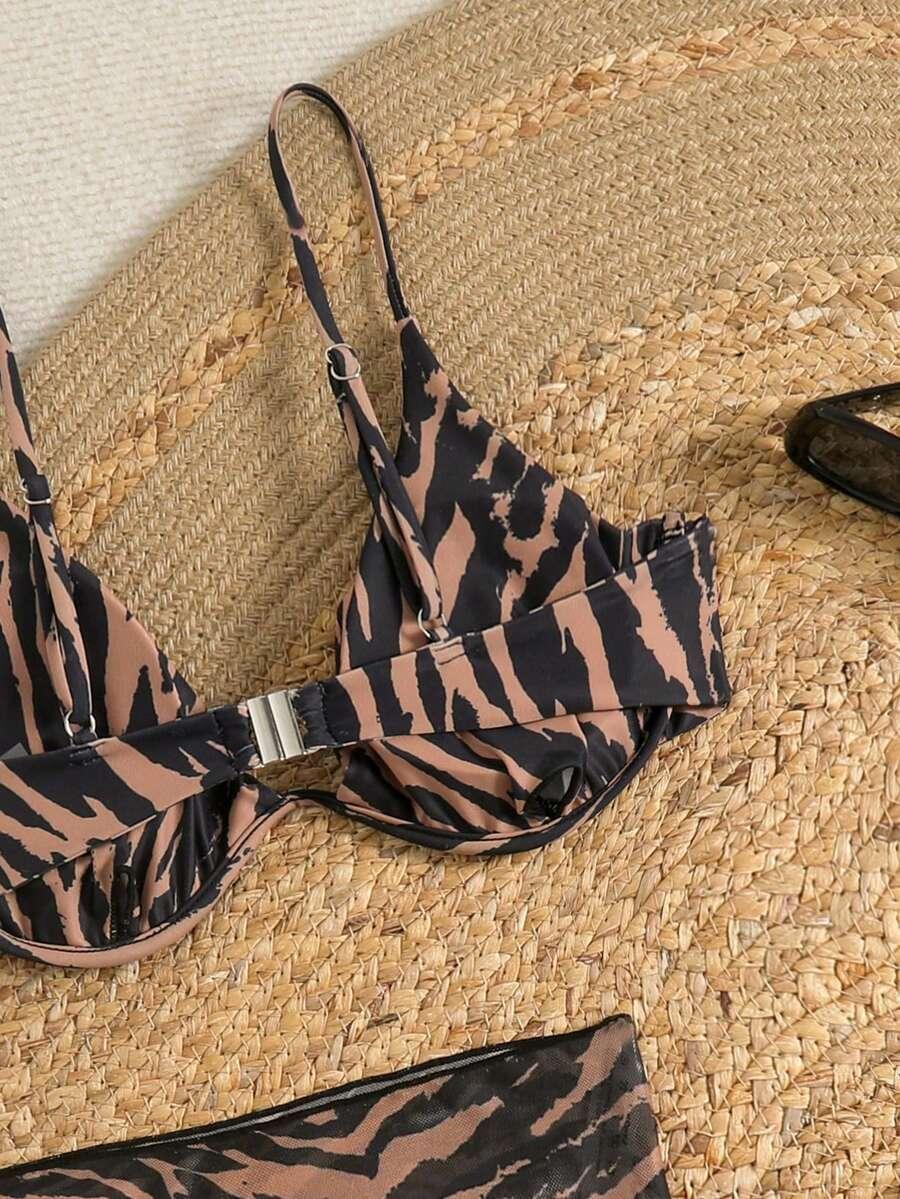 SHEIN TRZYCZĘŚCIOWY KOMPLET BIKINI ANIMAL PRINT S09__M