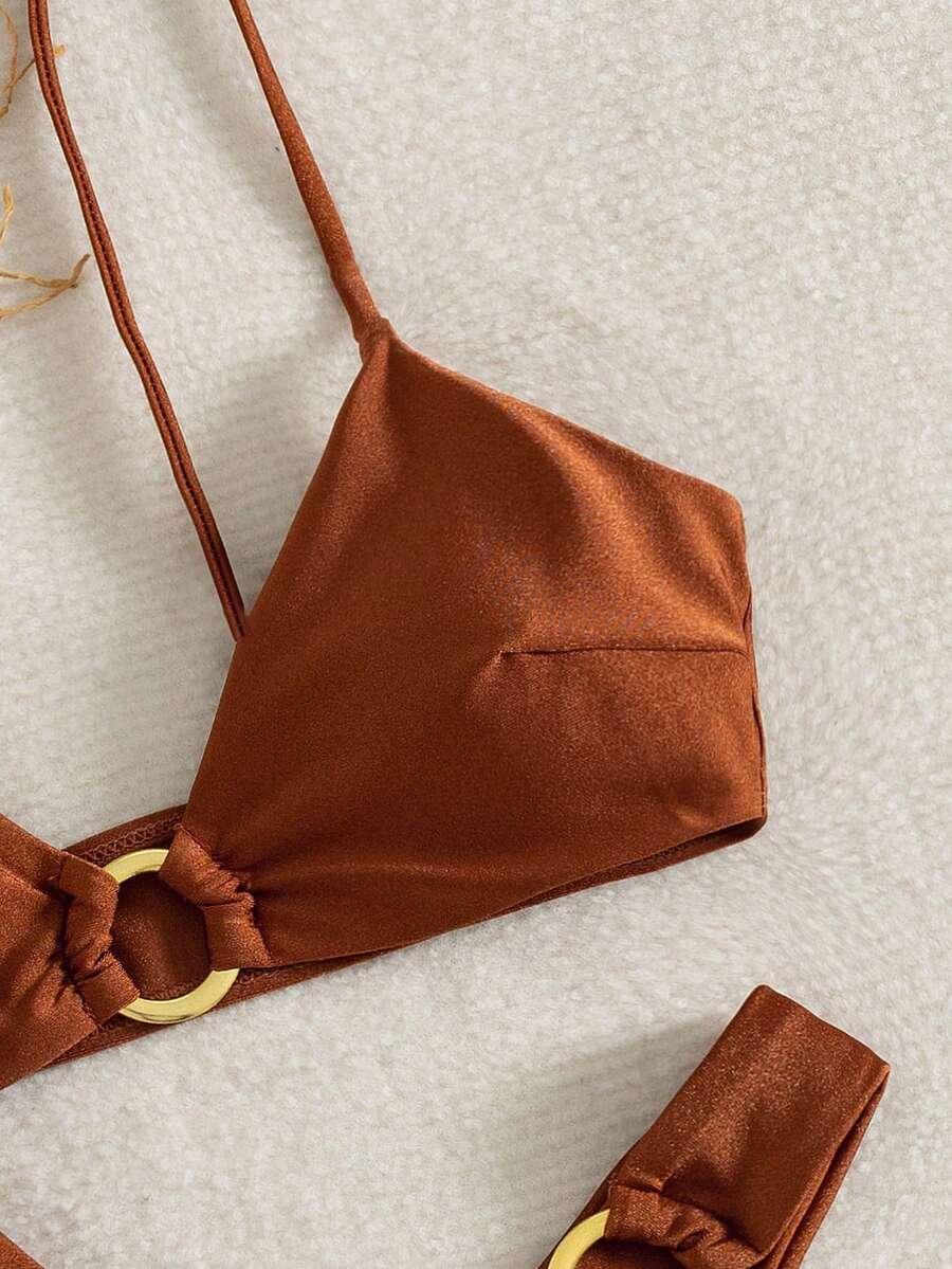 SHEIN BRĄZOWY DWUCZĘŚCIOWY STRÓJ KĄPIELOWY S09__L