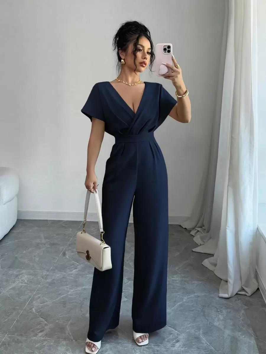 SHEIN GRANATOWY KOMBINEZON KRÓTKI RĘKAW S06__S