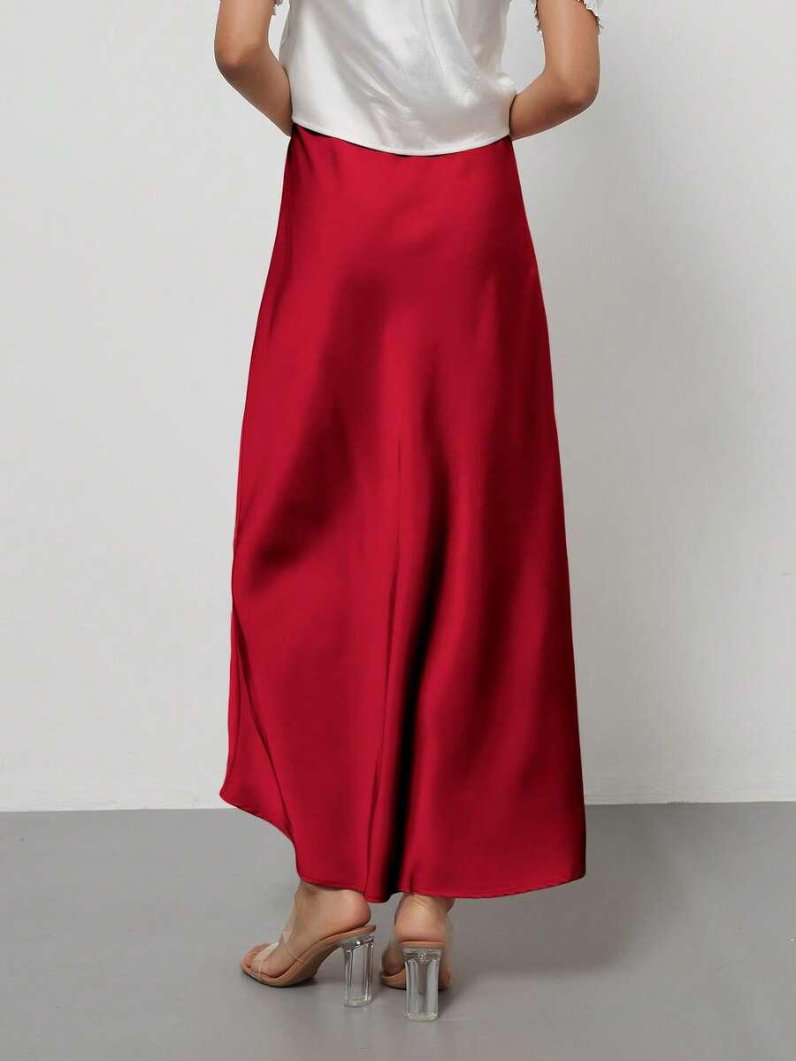 SHEIN CZERWONA MAXI SPÓDNICA SATYNOWA S06__L