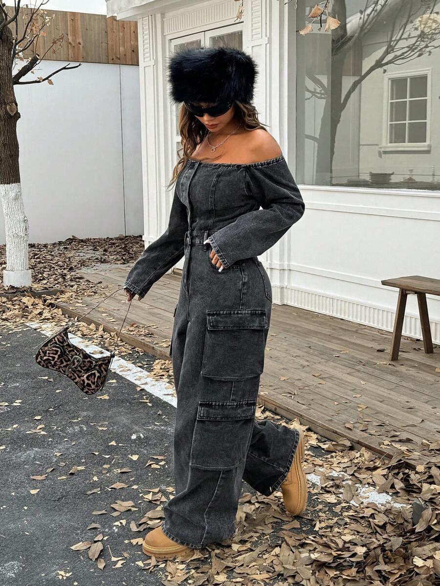 SHEIN CZARNY JEANSOWY KOMBINEZON S06__L