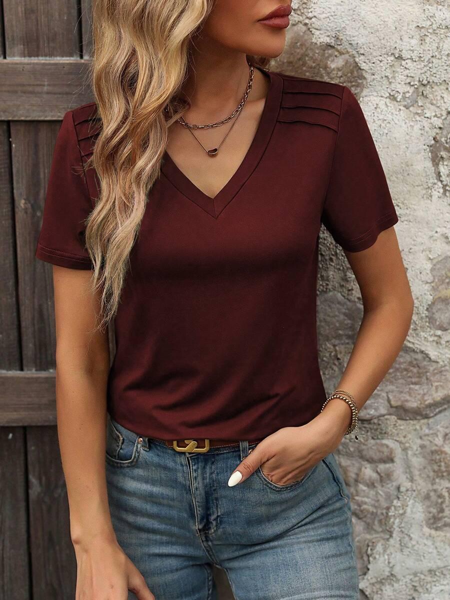 EMERY ROSE BORDOWY T-SHIRT V-NECK S06__L