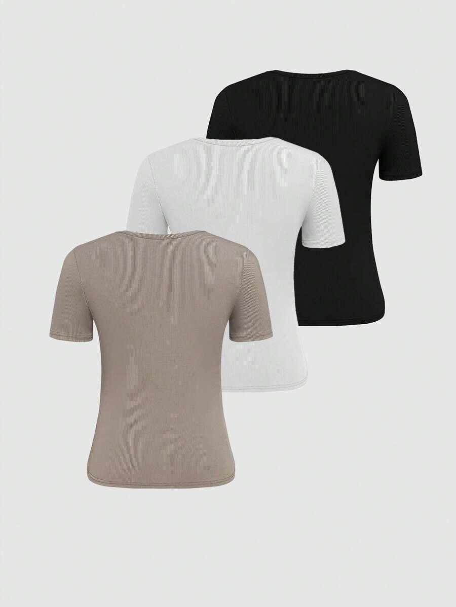 EMERY ROSE PRĄŻKOWANY T-SHIRT OKRĄGŁY DEKOLT 3-PACK S06__L