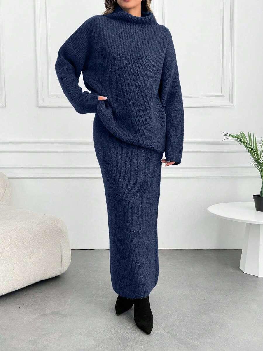 SHEIN GRANATOWY KOMPLET SWETER SPÓDNICA S06__M